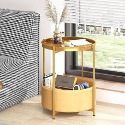 Huhote Round Side Table Fabric Basket End Table for Small Space 2 Tiers in Gold - thumbnail 1