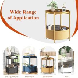 Huhote Round Side Table Fabric Basket End Table for Small Space 2 Tiers in Gold - thumbnail 7