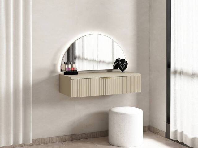 Vente-unique Wall-Mounted Dressing Table With Mirror & LED Lighting - 1 Drawer in Beige - image 1