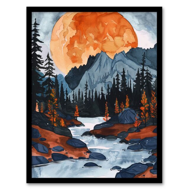 Artery8 Orange Harvest Moon Over Rocky Mountains Forest Framed Wall Art - Size: A4 - image 1