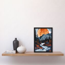 Artery8 Orange Harvest Moon Over Rocky Mountains Forest Framed Wall Art - Size: A4 - thumbnail 4