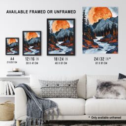 Artery8 Orange Harvest Moon Over Rocky Mountains Forest Framed Wall Art - Size: A4 - thumbnail 3
