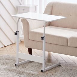 Living and Home Height Adjustable Mobile Table Overbed Desk with Wheels in White - thumbnail 1