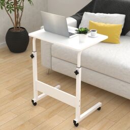 Living and Home Height Adjustable Mobile Table Overbed Desk with Wheels in White - thumbnail 2