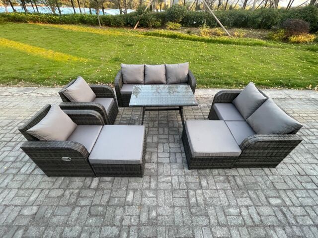 Fimous Rattan Garden Furniture Dining Set 9 seater Patio Rectangular Table 2 Big Footstool Love Sofa Dark Grey Mixed - image 1