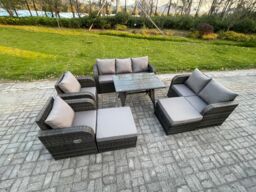 Fimous Rattan Garden Furniture Dining Set 9 seater Patio Rectangular Table 2 Big Footstool Love Sofa Dark Grey Mixed - thumbnail 2