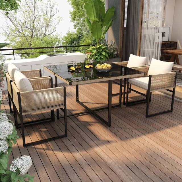 Direct Wicker Garden Dining Set with 4 Stackable Chairs, Outdoor Furniture Set in Beige - Size: 4 Person - image 1