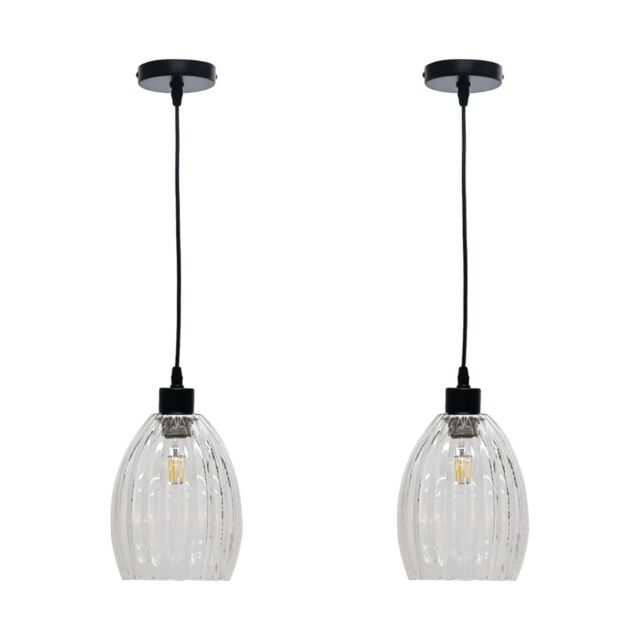 First Choice Lighting Set of 2 Birch - Clear Fluted Glass with Black Pendant Fittings - image 1