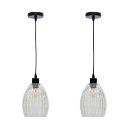 First Choice Lighting Set of 2 Birch - Clear Fluted Glass with Black Pendant Fittings
