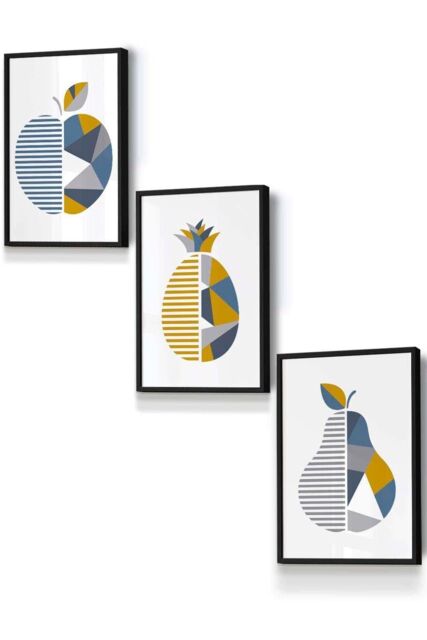 ARTZE Geometric Fruit Apple Blue Yellow Framed Wall Art - Small in Black - Size: W33 cm x H45 cm x D20mm - image 1