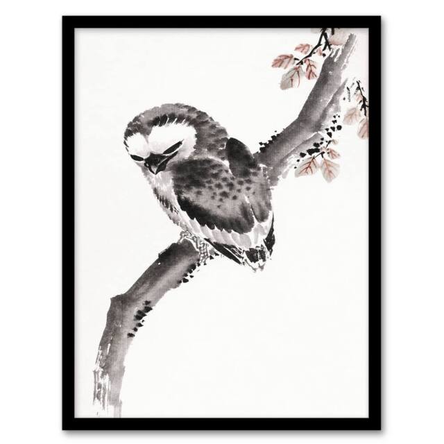 Artery8 Katsushika Hokusai Framed Wall Art Print Owl 1841 Album Of Sketches in Grey - Size: A4 - image 1