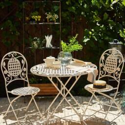 Wyld and Coco Provencal Co Garden Chair Set 2 Distressed Off-White Foldable Iron in White - thumbnail 1