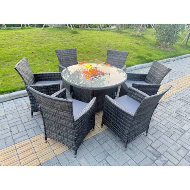 Fimous Rattan Garden Furniture with Big Round Gas Firepit Table & 6 Chairs in Dark Grey - image 1