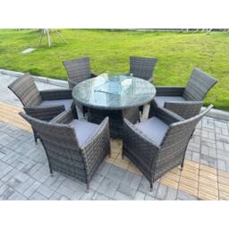 Fimous Rattan Garden Furniture with Big Round Gas Firepit Table & 6 Chairs in Dark Grey - thumbnail 2