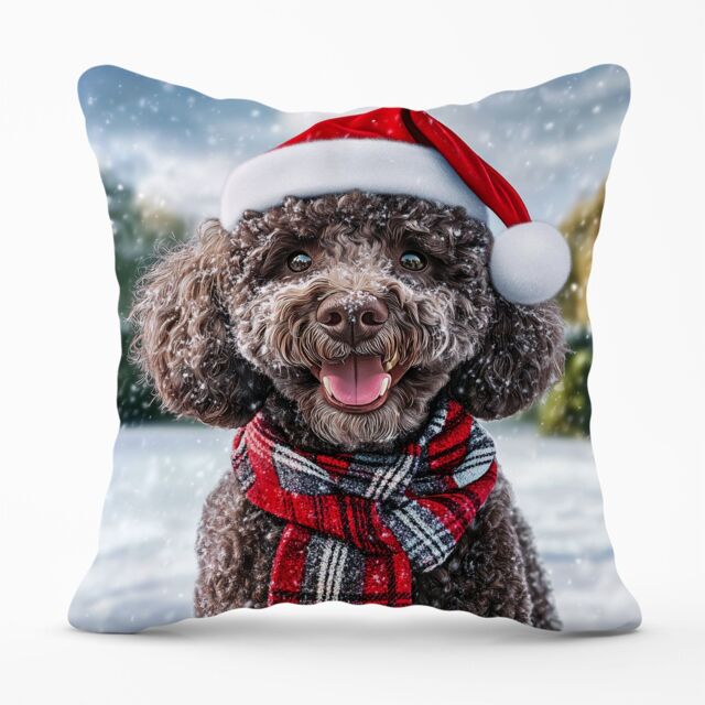Warren Reed - Designer Snowy Christmas Poodle Cushion in Brown - Size: 45 cm x 45 cm - image 1