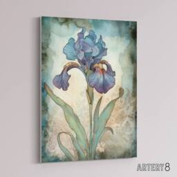 "Artery8 Blue Iris Flower Floral Art Nouveau Canvas Wall Art Print - Size: W18"" x H24""" - thumbnail 2