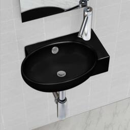 Berkfield Home Ceramic Bathroom Sink Basin Faucet/Overflow Hole Black Round - thumbnail 2