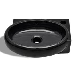 Berkfield Home Ceramic Bathroom Sink Basin Faucet/Overflow Hole Black Round - thumbnail 5