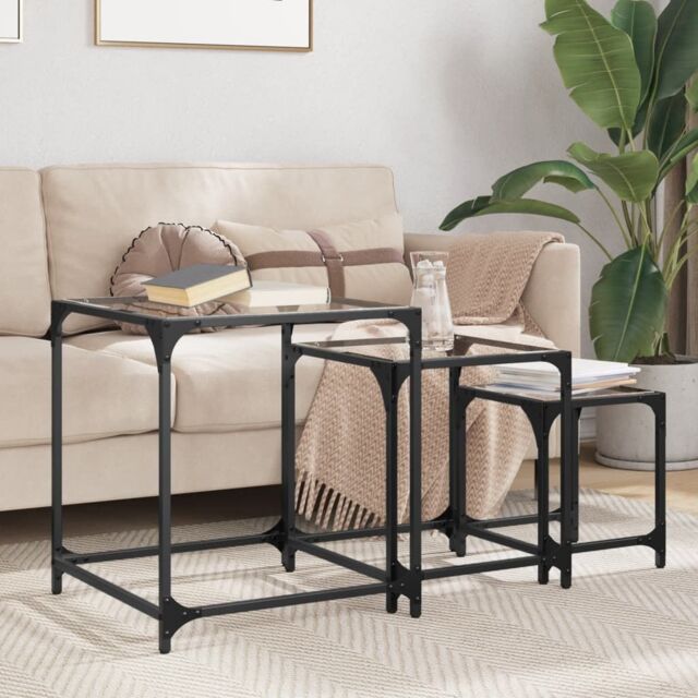Berkfield Home Nesting Coffee Tables 3 pcs with Transparent Glass Top Steel in Black - image 1