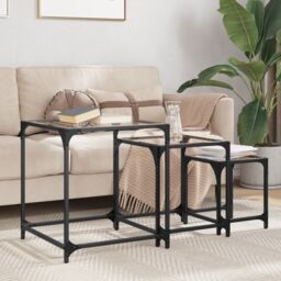 Berkfield Home Nesting Coffee Tables 3 pcs with Transparent Glass Top Steel in Black - thumbnail 1