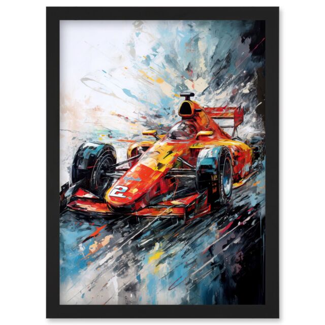 Artery8 Orange Race Car Grand Prix Action Shot Painting Artwork Framed Wall Art Print A4 in Black - image 1
