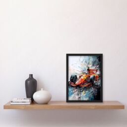 Artery8 Orange Race Car Grand Prix Action Shot Painting Artwork Framed Wall Art Print A4 in Black - thumbnail 2