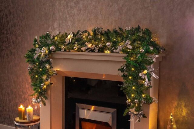 Marco Paul 6ft Pre-Lit LED Christmas Garland With Silver Bows & Baubles in Green - image 1