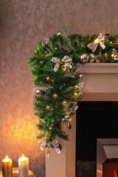 Marco Paul 6ft Pre-Lit LED Christmas Garland With Silver Bows & Baubles in Green - thumbnail 6