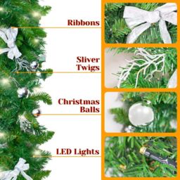 Marco Paul 6ft Pre-Lit LED Christmas Garland With Silver Bows & Baubles in Green - thumbnail 4