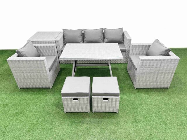 Fimous 8 Pieces Outdoor PE Rattan Sofa Armchair Set with Side Table 2 Stools in Light Grey - image 1