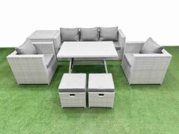 Fimous 8 Pieces Outdoor PE Rattan Sofa Armchair Set with Side Table 2 Stools in Light Grey - thumbnail 2