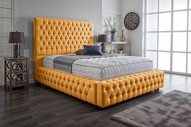 UK Bed Furniture Duchess Ottoman Gas Lift Upholstered Bed Frame with 54 Inch Headboard in Mustard - Size: Small Double - image 1