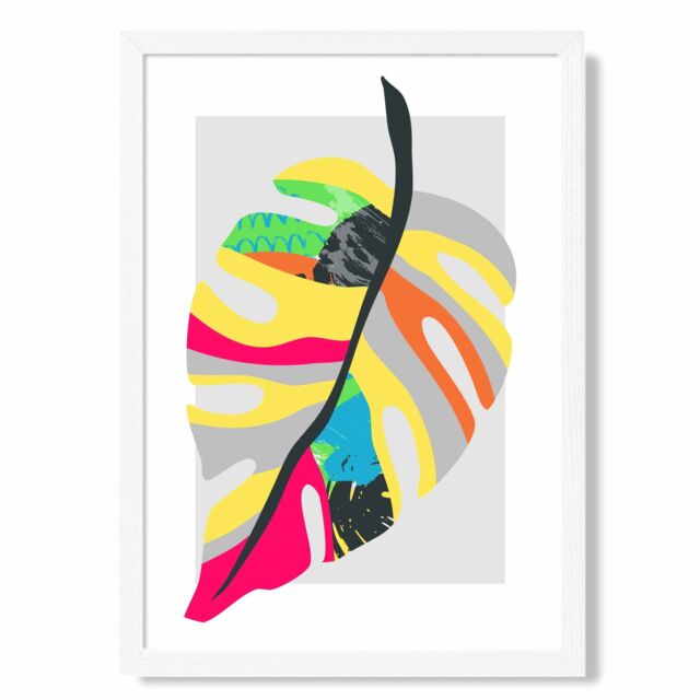 ARTZE Tropical Monstera Blue & Green Abstract Minimalist Framed Print SIZE: A2 with White Frame in Mid Blue - Size: A4 - image 1