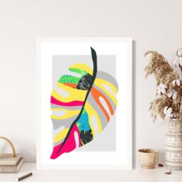 ARTZE Tropical Monstera Blue & Green Abstract Minimalist Framed Print SIZE: A2 with White Frame in Mid Blue - Size: A4 - thumbnail 2
