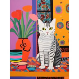 Artery8 Wall Art Print The Stripey Cat Sits Artwork Potted Flower Plant Henri Matisse Style Painting Home Bold Bright Vibrant Folk Art Poster - thumbnail 1