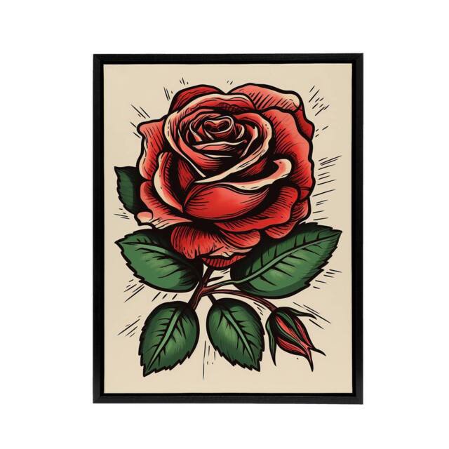 "Artery8 Rose Flower Old School USA Rockabilly Tattoo Framed Canvas Wall Art Print in Red - Size: W12"" x H16""" - image 1