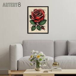 "Artery8 Rose Flower Old School USA Rockabilly Tattoo Framed Canvas Wall Art Print in Red - Size: W12"" x H16""" - thumbnail 3