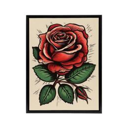 "Artery8 Rose Flower Old School USA Rockabilly Tattoo Framed Canvas Wall Art Print in Red - Size: W12"" x H16""" - thumbnail 1