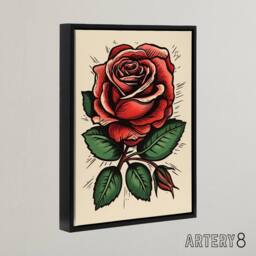 "Artery8 Rose Flower Old School USA Rockabilly Tattoo Framed Canvas Wall Art Print in Red - Size: W12"" x H16""" - thumbnail 2