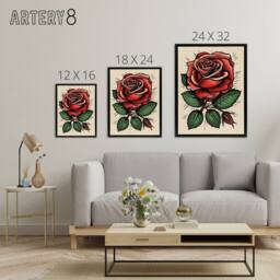 "Artery8 Rose Flower Old School USA Rockabilly Tattoo Framed Canvas Wall Art Print in Red - Size: W12"" x H16""" - thumbnail 4