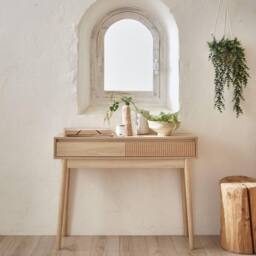 sweeek 100cm Console Table With Grooved Wooden Detail in Light Brown - thumbnail 1