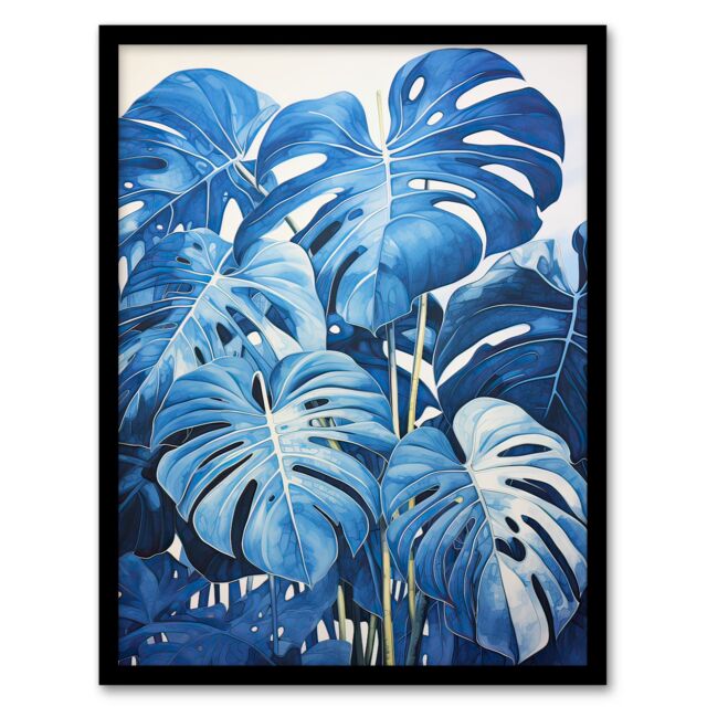 Artery8 Wall Art Print Monstera Plant Leaves in Blue Watercolour Painting Framed - Size: A4 - image 1