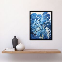 Artery8 Wall Art Print Monstera Plant Leaves in Blue Watercolour Painting Framed - Size: A4 - thumbnail 4