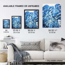 Artery8 Wall Art Print Monstera Plant Leaves in Blue Watercolour Painting Framed - Size: A4 - thumbnail 3