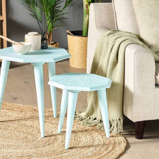 Wyld and Coco Nesting Side Tables Set of 2 - Distressed Mango Wood Blue - image 1