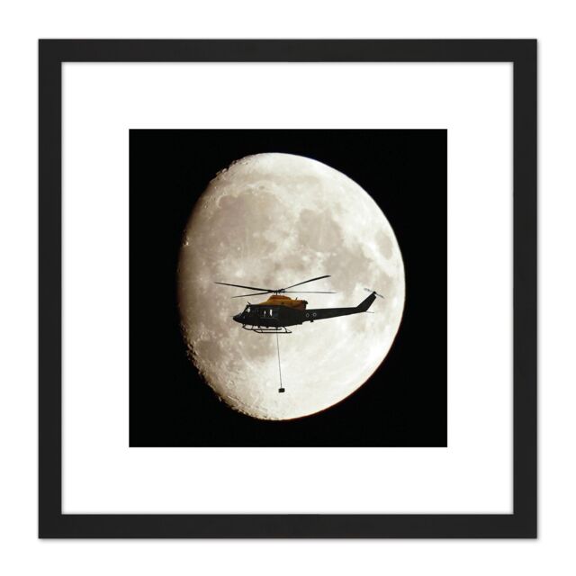 Artery8 Military UK RAF Griffin Helicopter Full Moon 8X8 Inch Square Wooden Framed Wall Art Print Picture with Mount in Black - image 1