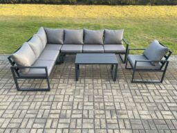Fimous Aluminium Garden Furniture Set Outdoor Indoor Lounge Corner Sofa Chair Oblong Coffee Table Sets Dark Grey 7 Seater - thumbnail 2