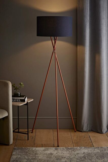 ValueLights Camden Copper Metal Tripod Floor Lamp with Navy Blue Drum Lamp Shade in Dark Navy - image 1