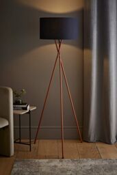 ValueLights Camden Copper Metal Tripod Floor Lamp with Navy Blue Drum Lamp Shade in Dark Navy