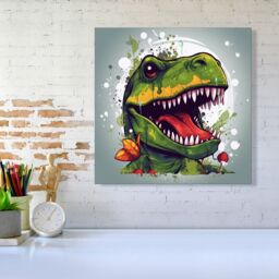 "Warren Reed - Designer Laughing T-Rex Canvas in Green - Size: W16"" x H16""" - thumbnail 1